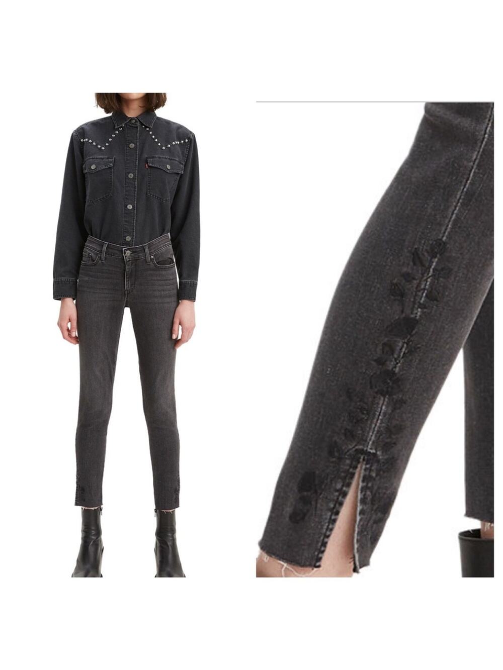 NEW Levis Jeans 711 Skinny Ankle Sculpt Frey Hem Embroidered Black Size 10